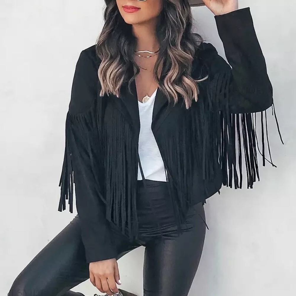 Black Tassel suede boho festival fringe jacket long sleeve jacket - Picture 2 of 9